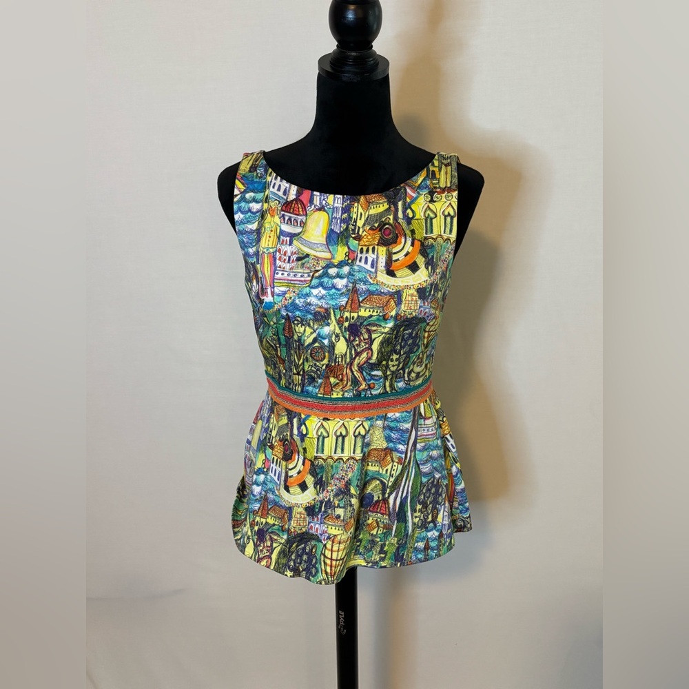 Weston Anthropologie Blue and Yellow Artistic Scene Peplum Blouse Top